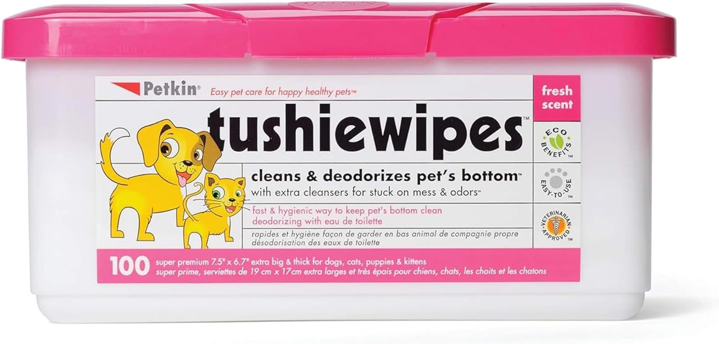 Petkin Tushie Wipes, 100 Wipes - Keep Pet's Bottom Clean - Absorbent, Easy to Use for Dogs, Cats, Puppies & Kittens - With Eau de Toilette
