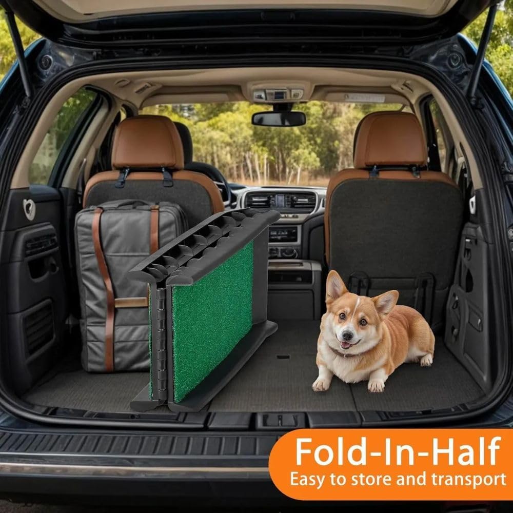 Dog Ramp for Car & SUV with Poly Grass Non-Slip Surface – Lightweight & Foldable Pet Ramp for Dogs, Includes 4 Towels & 2 LED Lights, Safe for Cars, Trucks, Beds, Couches & Stairs