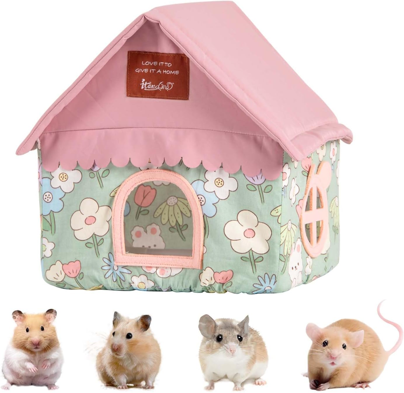 Hamster Hideout Hamster House & Rat Hideout with Removable Bracket, Breathable Small Animal Bed for Hamsters, Golden Bears - Easy Clean, No Bottom Design, 10.43” L x 9.25” W x 7.48” H (Pink)