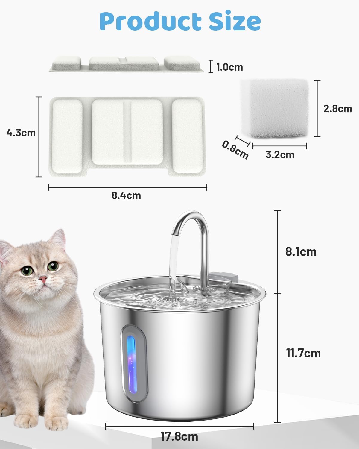 Cat Water Fountain 304 Stainless Steel 2.2L/74oz with 3 Filters & 3 Sponges, Easy to Clean, Automatic Pet Fountain Quiet Cats Water Dispenser, Gifts for Cats, Dogs