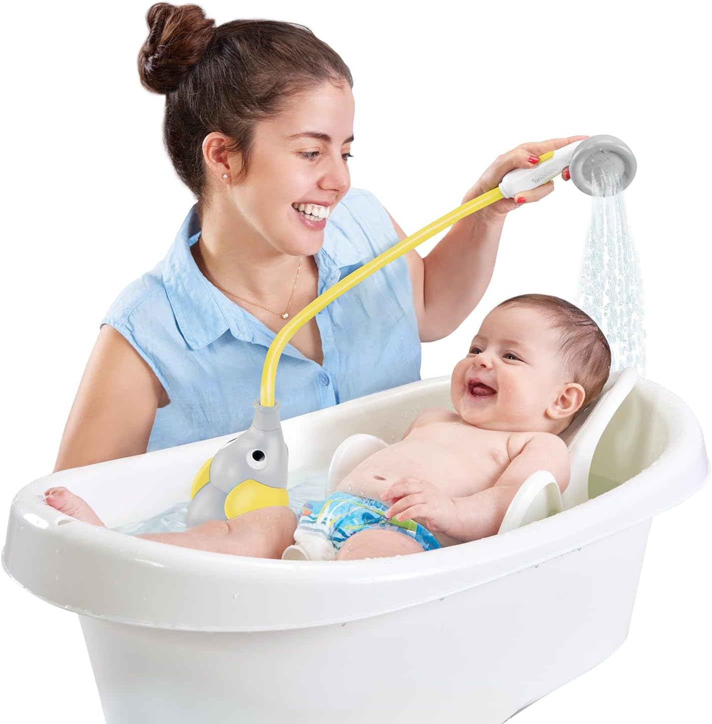 Yookidoo Baby Bath Shower Head - Elephant Water Pump and Trunk Spout Sprayer and Rinser-Control Water Flow from 2 Knobs Baby Bath Time Essentials for Newborn Babies in Tub Or Sink (Yellow)