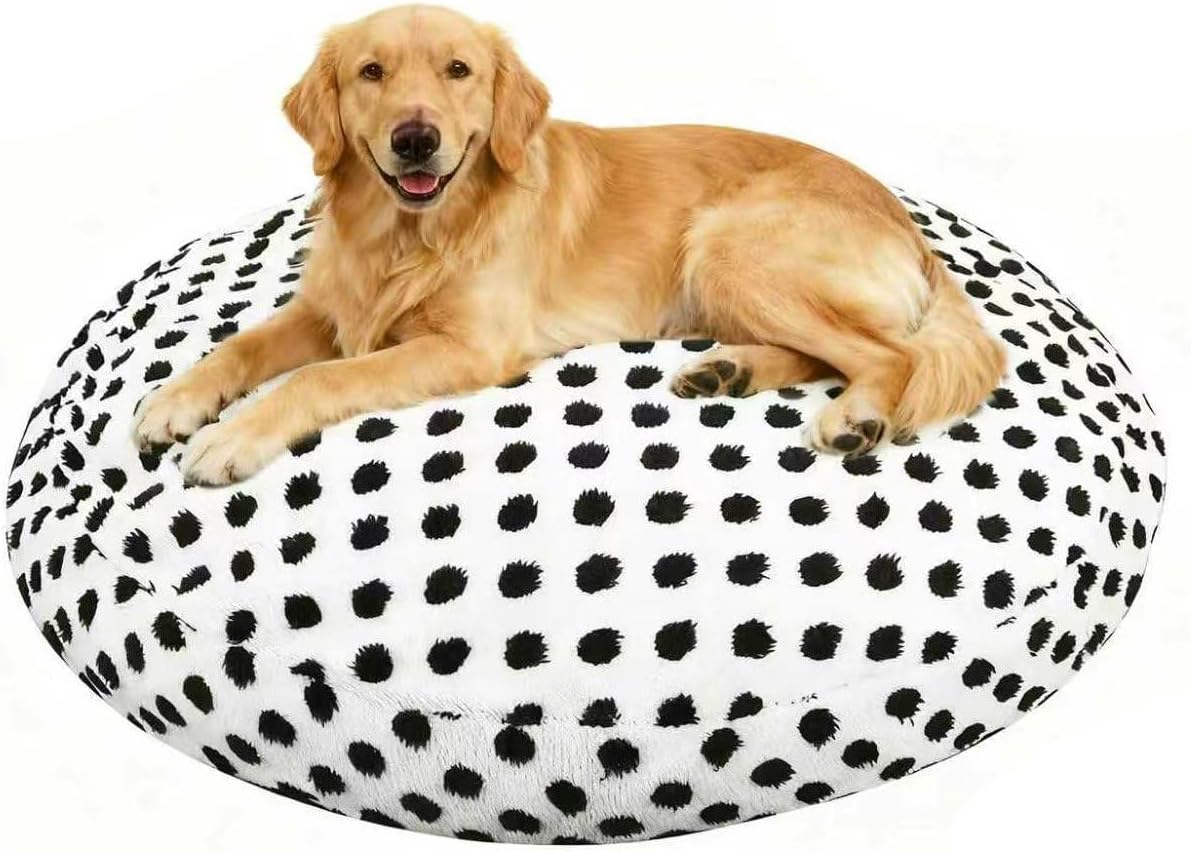 Washable Dog Bed Covers Round Replacement Dog Bed Covers, White 45 Inch Waterproof Sofa Cover with Dot Print Design for Medium & Large Pet Beds, Cover Only
