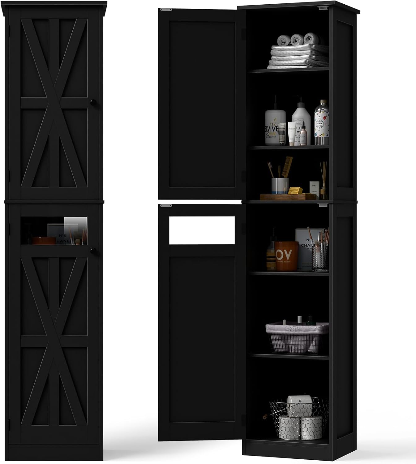 Vabches Tall Bathroom Cabinet, Slim Bathroom Storage Cabinet with Adjustable Shelves and 2 Doors, Narrow Floor Storage Cabinet for Bathrooms, Kitchen, Living Room, Black