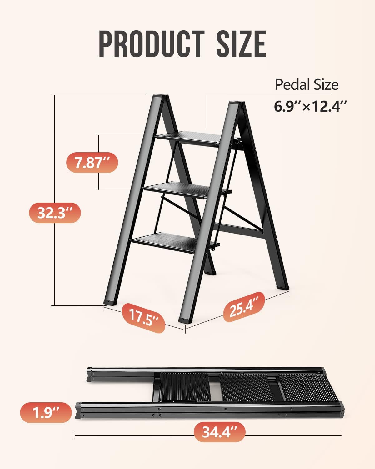 WOA WOA 3 Step Ladder, Foldable Step Stool, Lightweight Ladder for Home Kitchen Closet, Anti-Slip Aluminum Pedals, Ease of Folding, Portable, 300lbs Capacity - Black