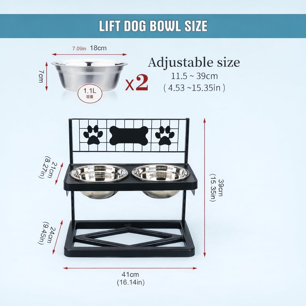Elevated Dog Bowls Raised Pet Feeder Adjustable Dog Bowl Stand with Stainless Steel Bowls and ABS Frame, Double Dog Feeding Station with Paw Print Bone Decor for Medium Large Dogs