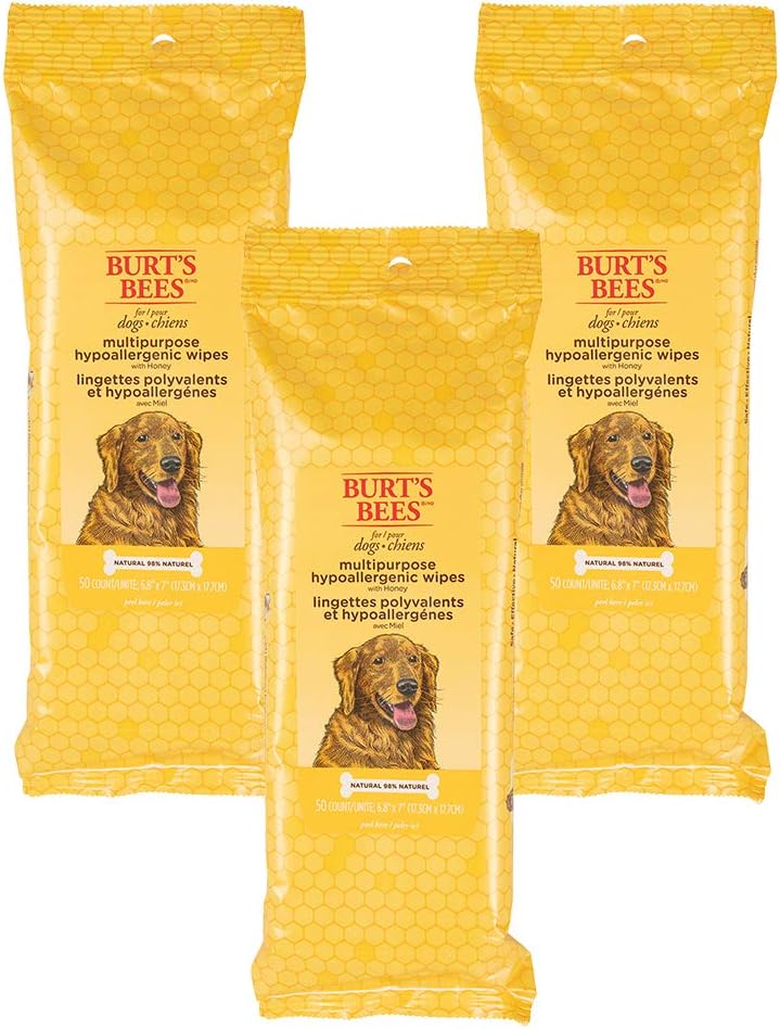 Burt's Bees for Pets Honey Multipurpose Dog Grooming Wipes, Gentle Hypoallergenic Spot Cleaning Sheets, pH Balanced Natural Origin Formula for Paws, Face and Butt, 50 Count - 3 Pack