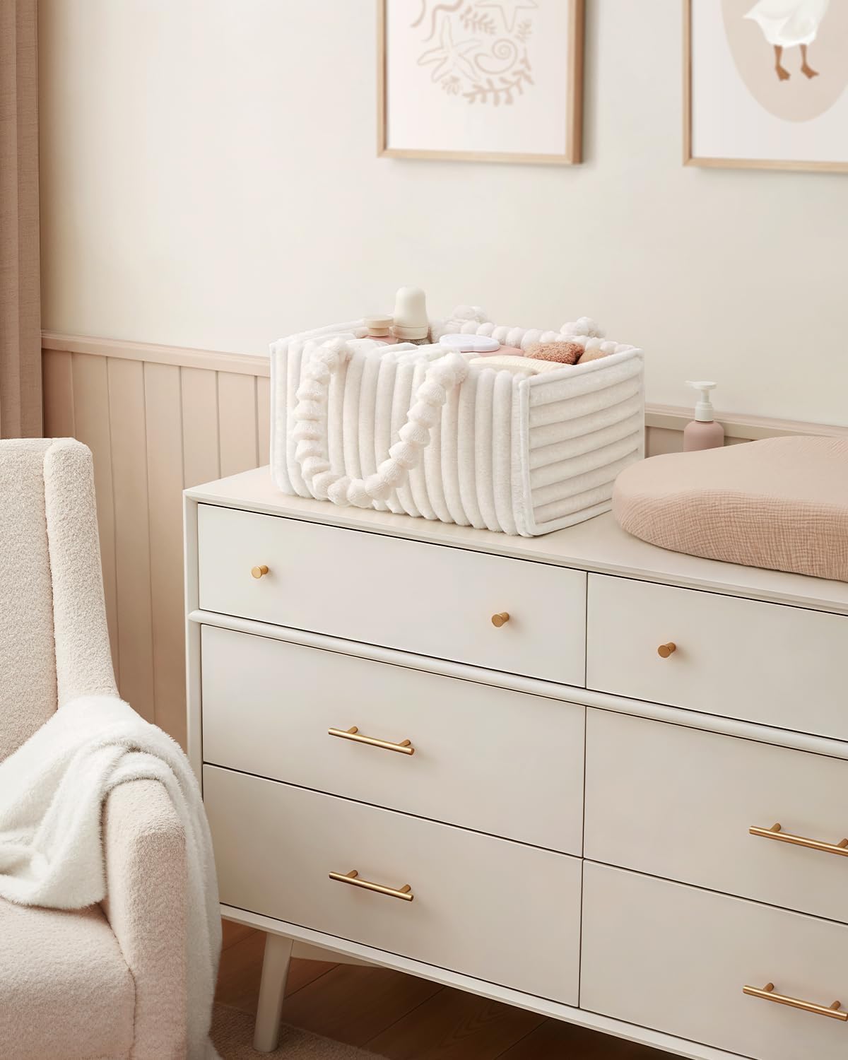 Blissful Diary Flannel Diaper Caddy Organizer, included Gift Packaging, Cozy Nursery Storage Basket, Gift for Baby Shower, Newborn Essentials, Cream Beige