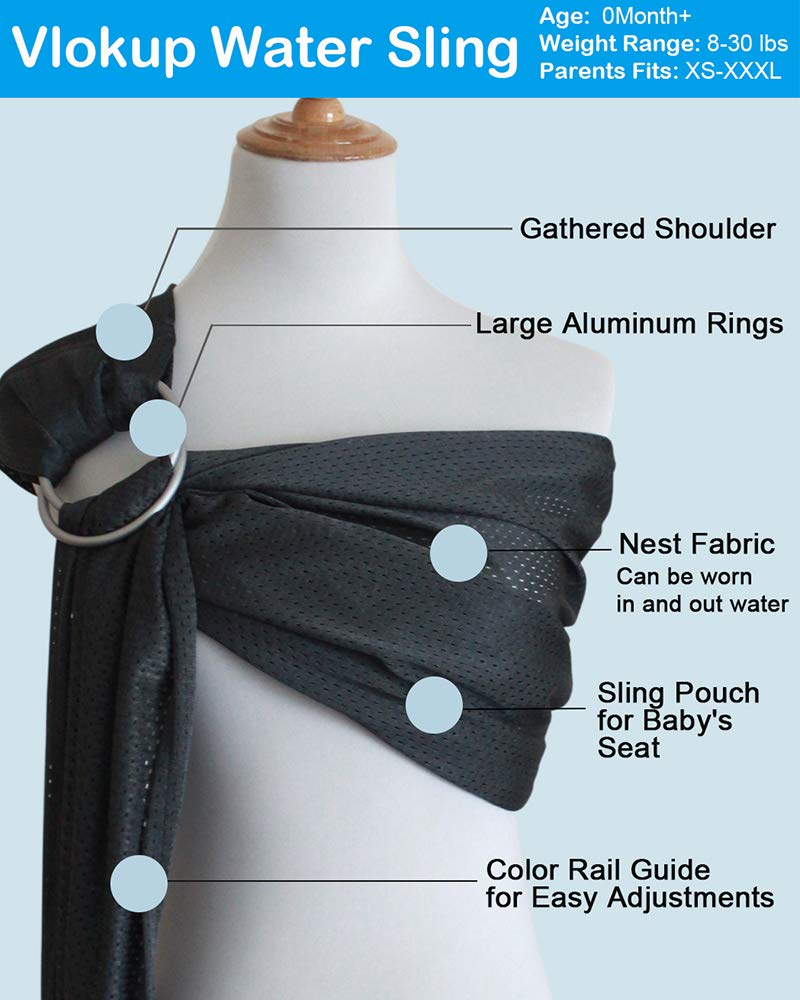 Baby Water Ring Sling Carrier | Lightweight Breathable Mesh Baby Wrap for Infant, Newborn, Kids and Toddlers | Perfect for Summer, Swimming, Pool, Beach | Great for Dad too Grey