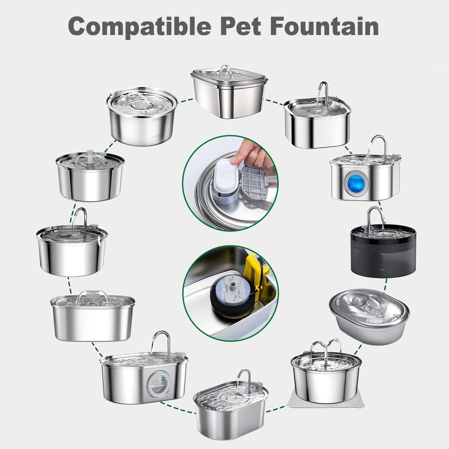Cat Water Fountain Filters, 48 Pack Replacement Filters for 108oz/3.2L& 67oz/2L Stainless Steel Dog Water Fountain