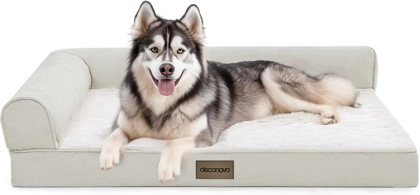 Deconovo Sofa Dog Bed with L-Shape Bolster, Supportive Eggrate Foam, PV Velvet Top, Anti-Slip Waterproof Bottom, Zippered Washable Cover, Large Dogs & XL Options, Beige, 42x31x8 Inches