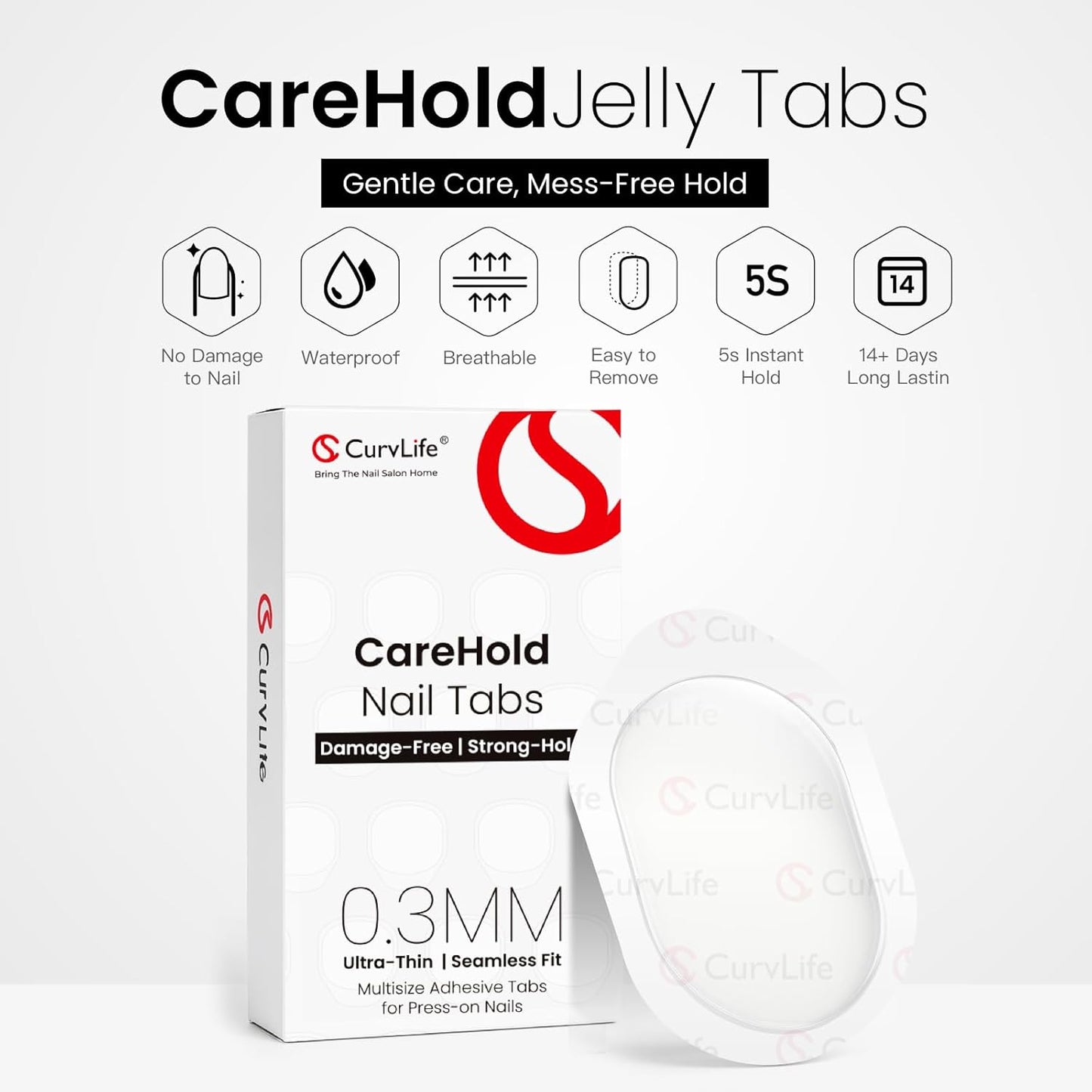 Curvlife CareHold Nail Adhesive Tabs for Press On Nails – 20 Sheets, 12 Sizes Strong Hold 0.3mm Ultra Thin Nail Glue Stickers Waterproof Breathable Double Sided Sticky Tabs, Gentle Removal