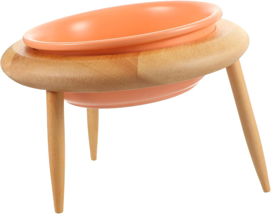 PRETYZOOM Ceramic Elevated Cat Bowl with Oak Wood Stand 600ml Pet Food and Drinking Bowl Neck Protection for Cats and Canines Indoor Feeding