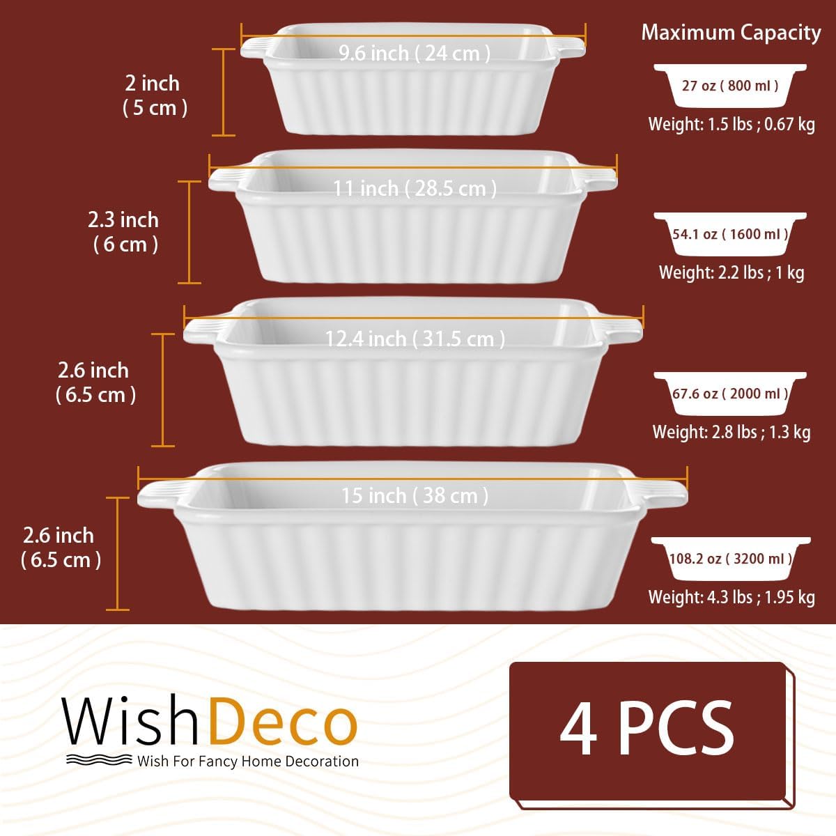 Ceramic Casserole Dishes Set of 4, Baking Dishes for Oven, Rectangular Lasagna Pan Deep with Handles, White Porcelain Bakeware (15''/12.4''/11''/9.6''), Microwave Safe