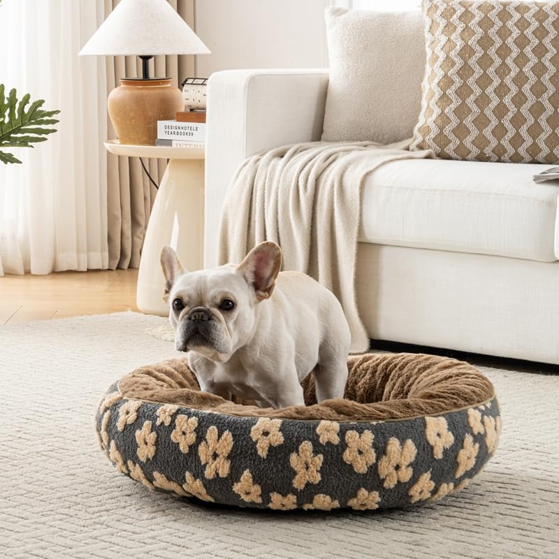 Happy Pets Luxury Orthopedic Pet Bed, Jacquard Brown, or Light Gray, Round Nest Bolster Design, Machine Washable Cover, for All Sized Dog and Cat Breeds (Brown, 30" x 30" x 8")