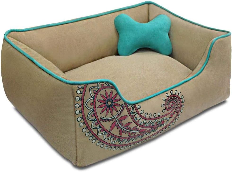 Blueberry Pet Microsuede Pet Bed, Recyclable & Removable Stuffing w/YKK Zippers, Machine Washable, for Cats & Dogs, 25" x 21" x 10", Champagne Beige Embroidered Paisley