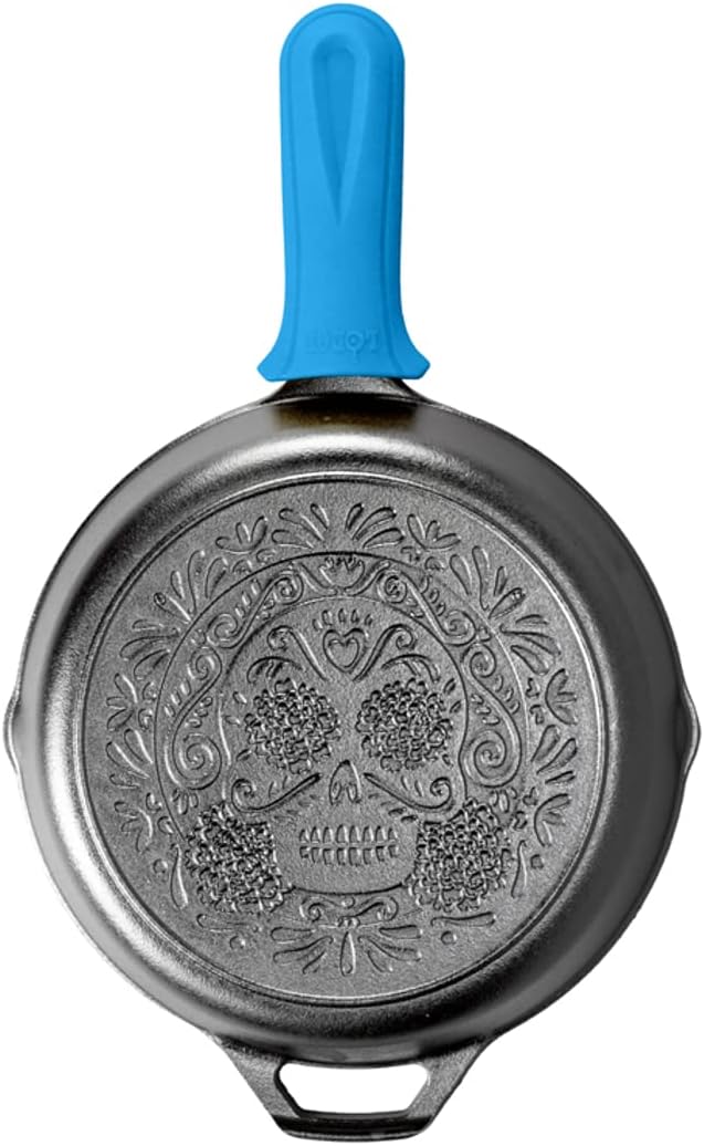 Lodge 10.25 Inch Pre-Seasoned Cast Iron Stamped Skillet Electric Blue Silicone Hot Handle Holder - Reusable Heat Protection Up to 500° - Sugar Skull