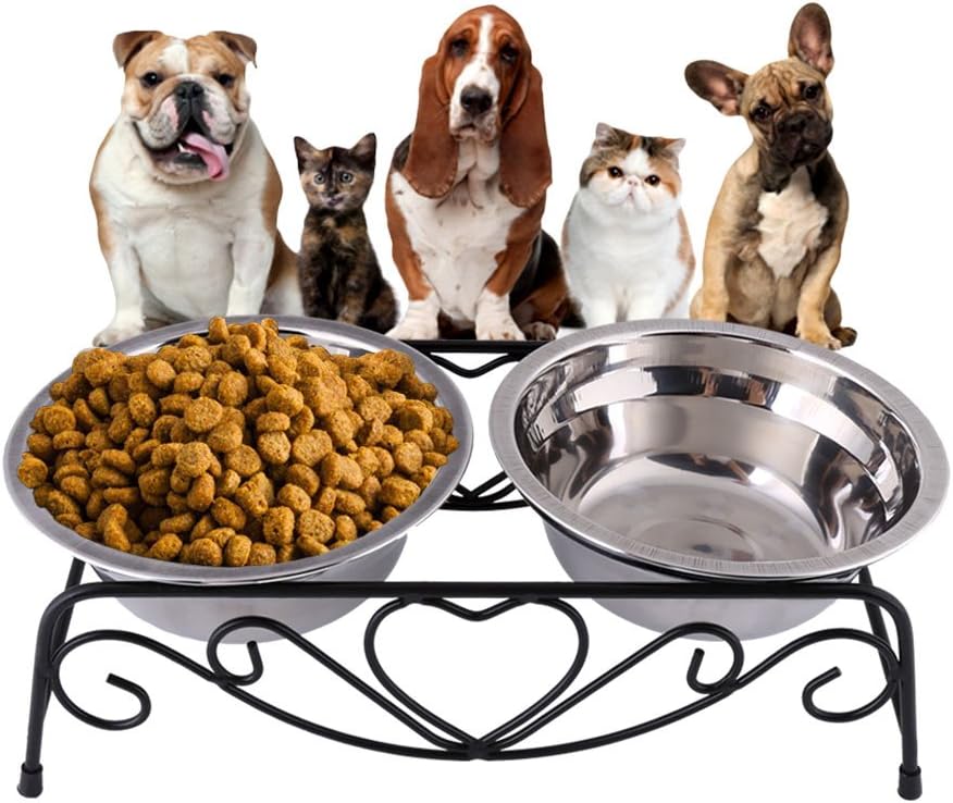 Stainless Steel Elevated Pet Bowls Set,Raised Pet Bowls Double Dog Cat Food Water Bowls Feeder Dishes with Shelf Iron Stand