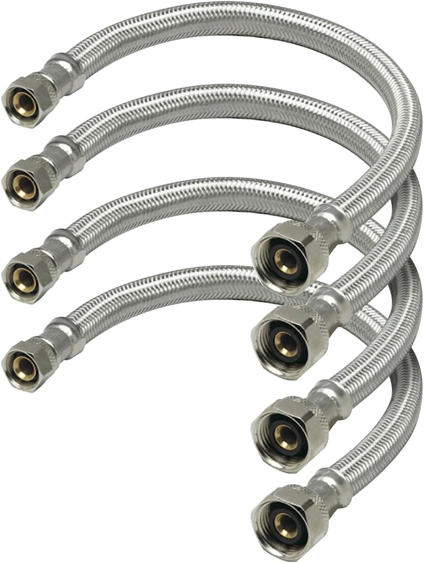 Highcraft Faucet Hose Connector 12" Length, 1/2" IPS X 3/8" Comp FIP Flexible Braided Stainless Steel Supply Line, Bathroom Kitchen Sink Extension (4 Pack)