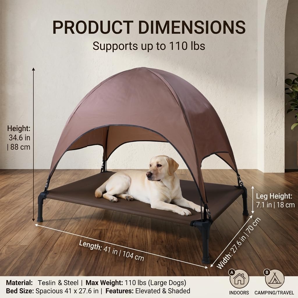 Outdoor Elevated Dog Cot, Portable Pet Bed with Removable Shade Water Resistant, Breathable Cooling Dog Camping Tent for Large Dogs Indoor Outdoor Backyard Camping Beach