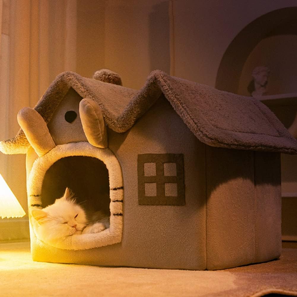 Luxury Double Roof Indoor Dog House Cat Nest,Foldable Warm Soft Kennel,30D High Elastic Memory Sponge,Removable Cushion and Non-Slip Bottom (Grey Double Roof, S)