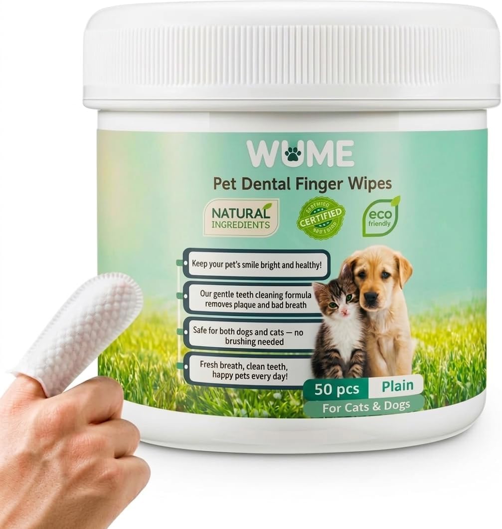 WUME Pet Dental Finger Wipes for Dogs & Cats Vet-Inspired Teeth Cleaning Wipes, Toothbrush Alternative, Gentle, Alcohol-Free, Disposable, 50 Counts