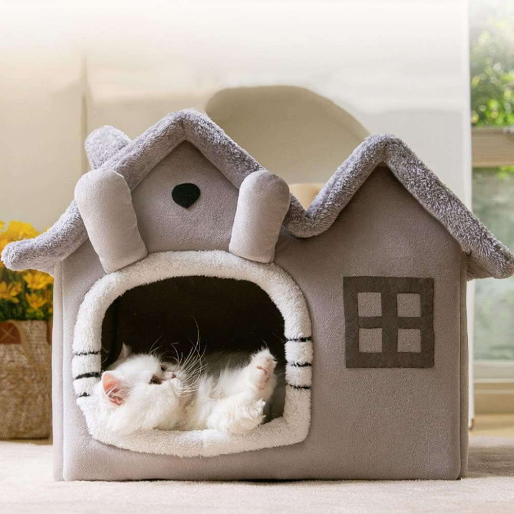 Luxury Double Roof Indoor Dog House Cat Nest,Foldable Warm Soft Kennel,30D High Elastic Memory Sponge,Removable Cushion and Non-Slip Bottom (Grey Double Roof, S)