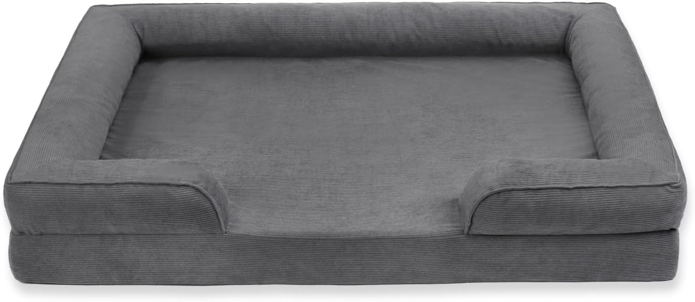Gray Corduroy Orthopedic Dog Bed with Bolster – Memory Foam, Washable Removable Cover, Non-Slip Bottom (Large)