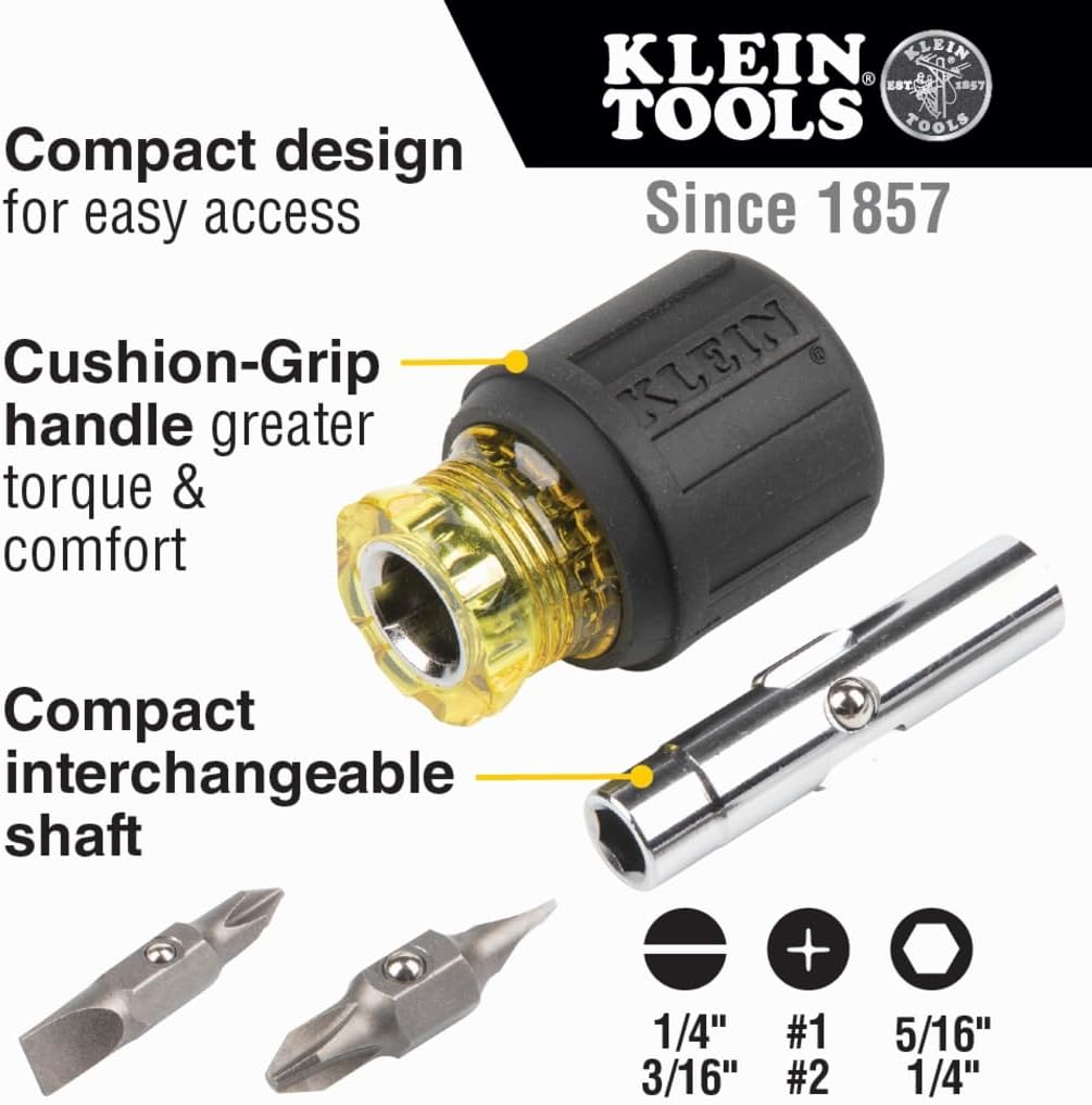 Klein Tools 32561 Multi-Bit Screwdriver/Nut Driver, 6-in-1 Stubby Screwdriver with 2 Phillips, 2 Slotted, 2 Nut Drivers