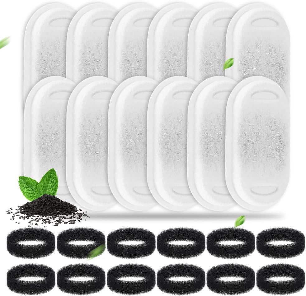 24 Pack Cat Water Fountain Filters for Stainless Steel 108oz/3.2L& 67oz/2L, 12 Pcs Cats Waters Foutains Filter with 12 Piece Sponges for Automatic Pet Water's Dispenser (12 Filters & 12 Sponges)