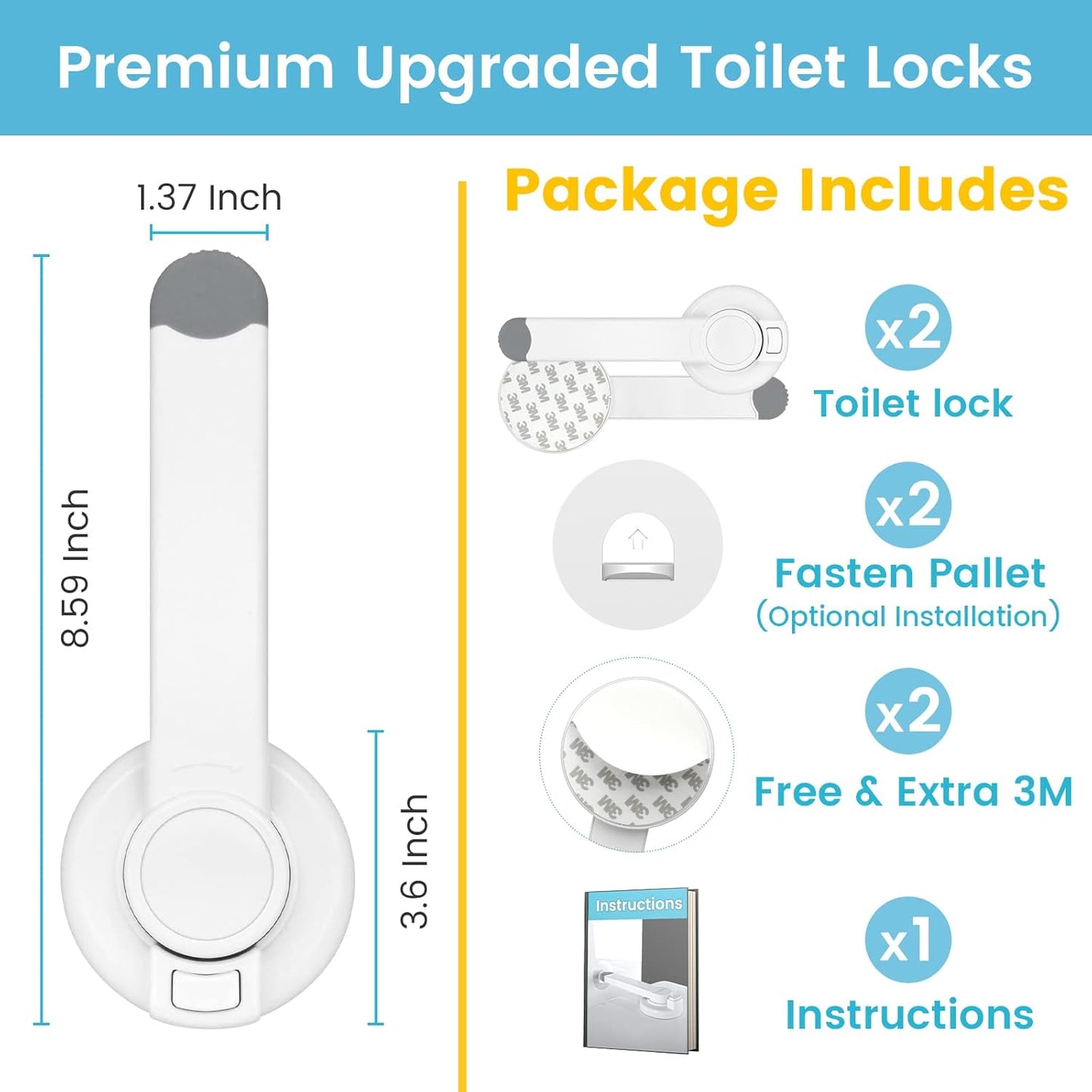 4our Kiddies Baby Toilet Lock (2 Pack) for Child Safety, Baby Proof Toilet Seat Lock with 2 Extra Pallet Fit for Most Standard Toilet, Easy Intallation Toilet Lid Lock with 2 Extra 3M Adhesive