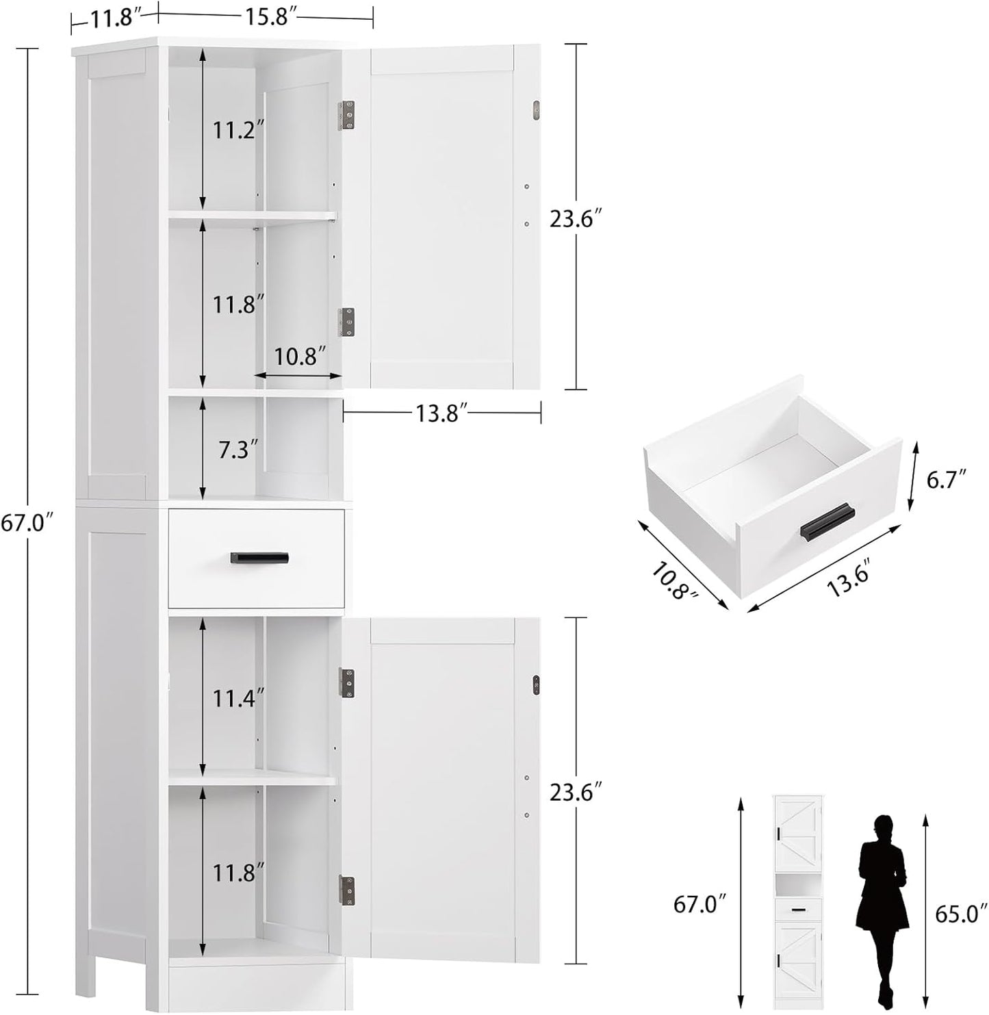 TEENFON 67" H Bathroom Storage Cabinet with Barn Doors & Adjustable Shelves, Bathroom Cabinet with Drawer, Narrow Bathroom Storage Unit, Floor Cabinets for Living Room, Kitchen, White