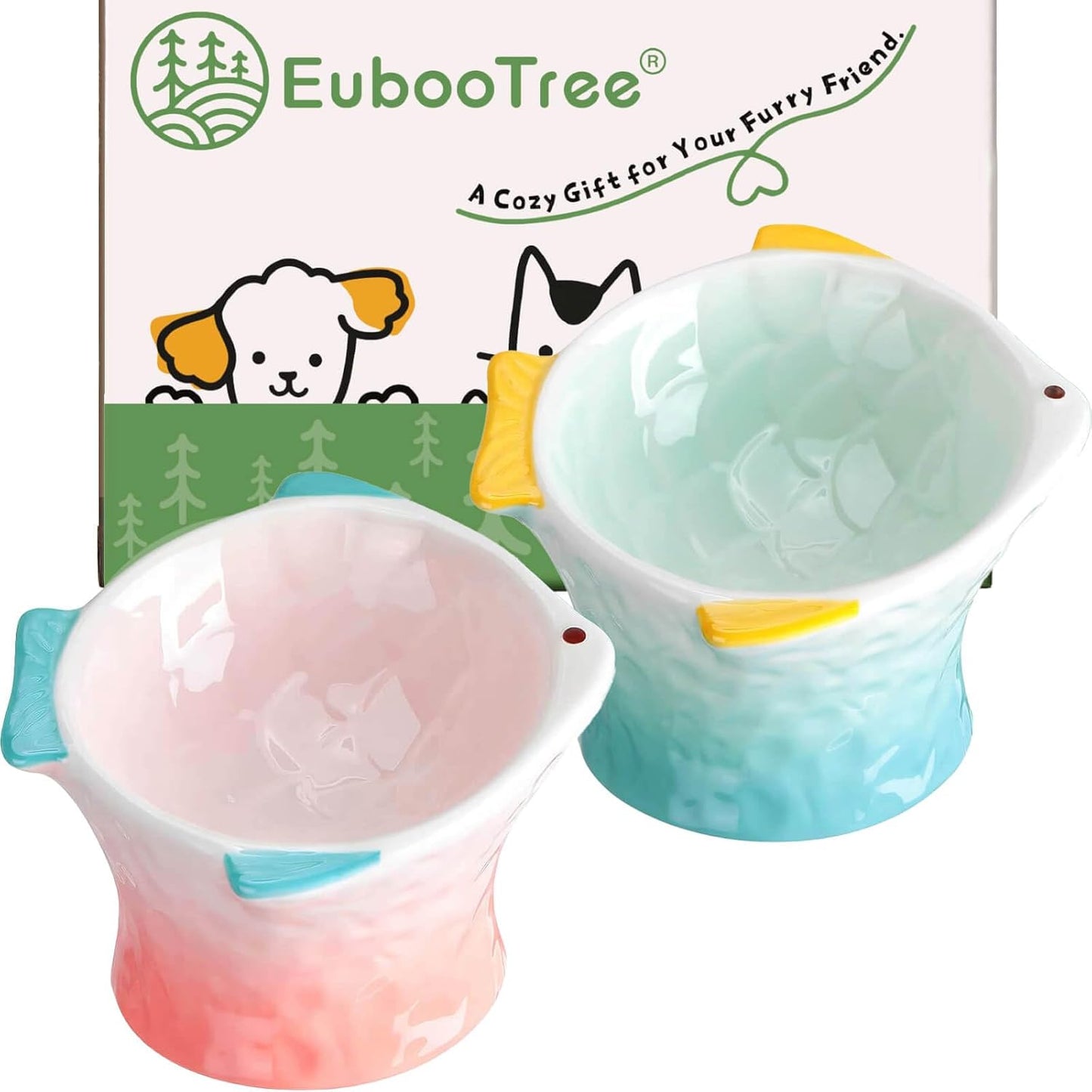Ceramic Raised Cat Food Bowl, Shallow & Tilted, Anti Vomiting and Whisker Fatigue, Non-Slip, Cute Fish Shape Cat Feeding Bowls for Dry and Wet Food, for Kitten, Pink/Green, 2-Pack