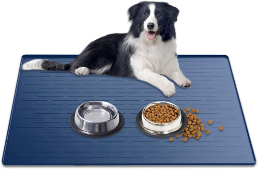 Large Dog Mat for Food and Water, 31.8"x23.8" Silicone Pet Feeding Mats, Waterproof Dog Bowl Mat with High Edges to Prevent Water and Food Spills, Dark Blue