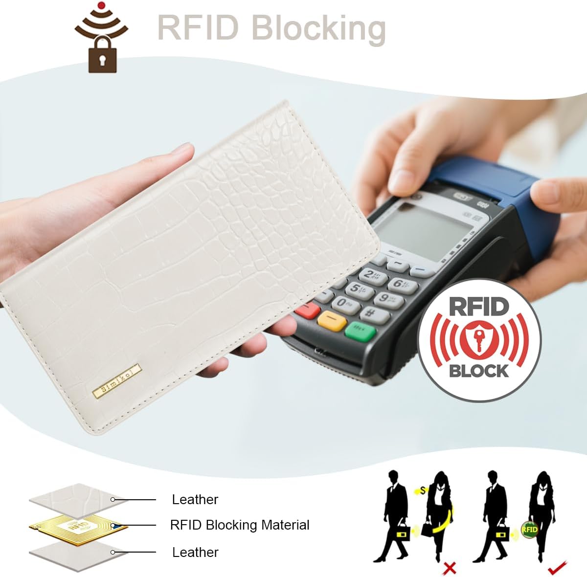 Wallet Women Bifold Faux Crocodile Leather Minimalist Slim Thin Long Wallets RFID Blocking Credit Cards Holder Purse with Back Zipper Coin Pocket for Women and Men,Beige