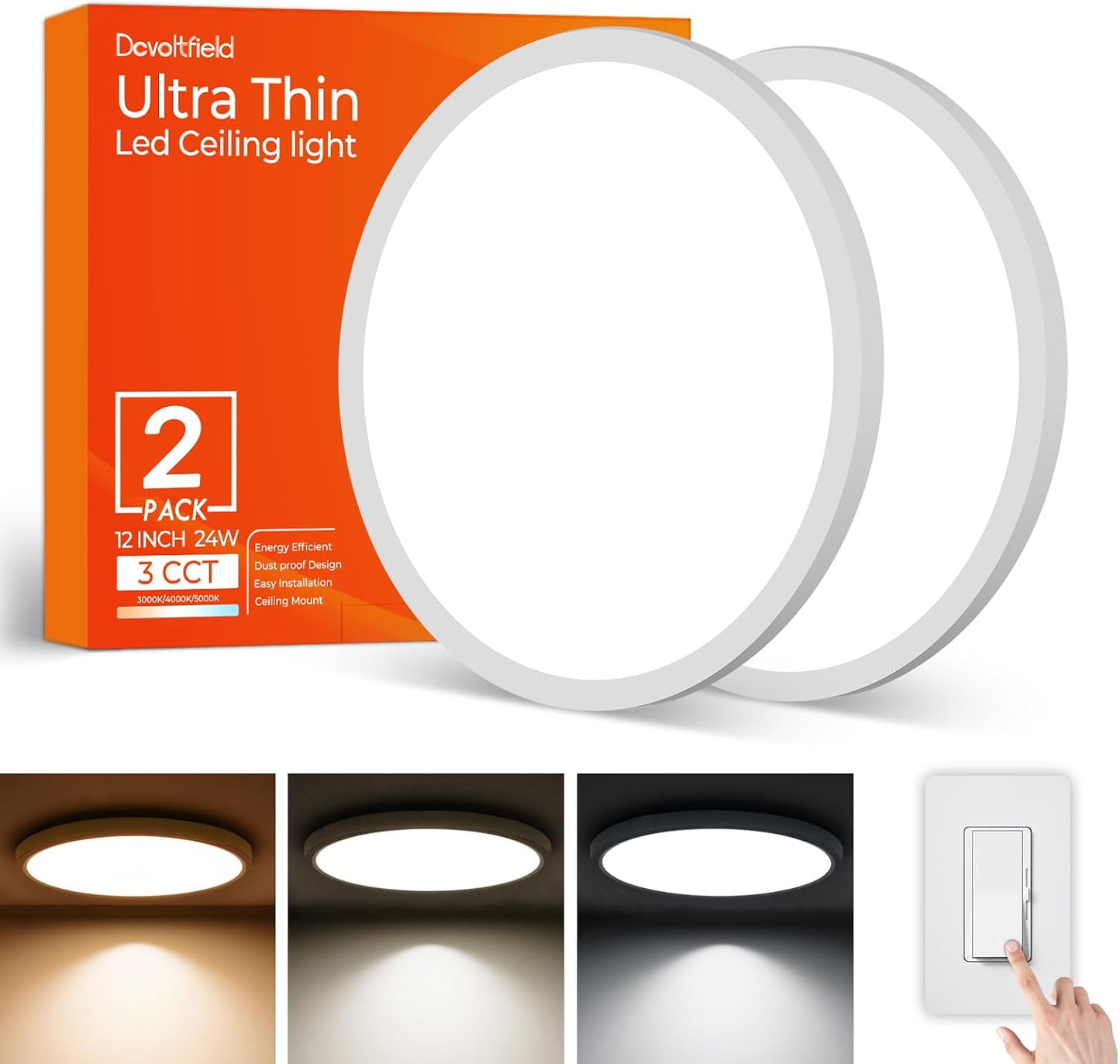2Pack 12Inch LED Flush Mount Ceiling Light Fixture,24W 2400LM,Dimmable CCT 3000K/4000K/5000K,Round Flat Panel Light for Bedroom,0.7Inch Thin Modern Low Profile Hardwire Lights for Hallway,Porch