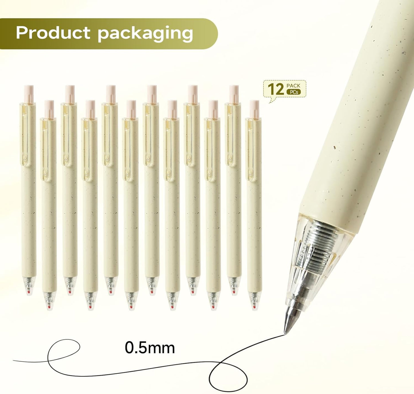 RIANCY Beige Cream Gel Pens 12PCS Value Pack, Cute Aesthetic Neutral Black Ink Retractable Pens, 0.5mm Fine Point Quick Dry Smooth Writing for College School Supplies, Note Taking & Office Essentials