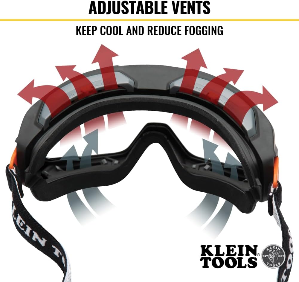 Klein Tools 60479 Safety Goggles, Clear Lens PPE Eye Protection, Anti-Fog, Scratch-Resistant, UV Protection, Adjustable Vents