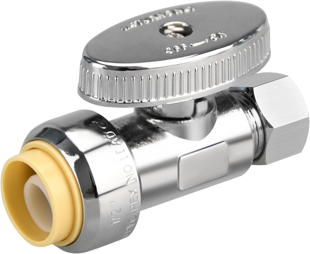 Stop Valves, 1/2" × 3/8" Straight Stop Valve, 1/2" PTC Input, 3/8" OD Compression Output, Push to Connect, 1/4 Turn, Chrome Plated Brass for Faucet, Toilet Valves, No Lead
