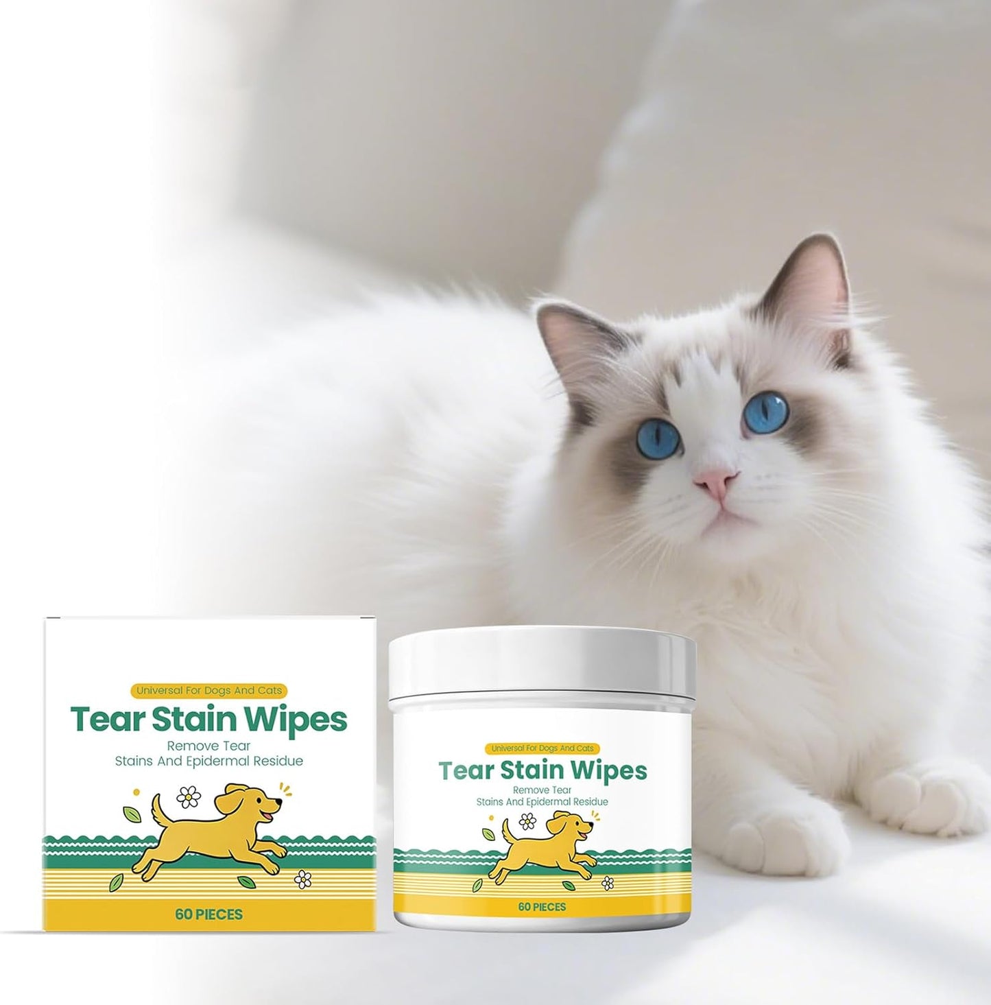 Cat Tear Stain Wipes, 60 Pieces Debris Washing Pads, Pet Eye Cleaner, Soothing Pet Care Pads, Small Medium Large Breed Puppy Kitten, Skin Coat Travel, Home Outdoor Indoor, Tear Wipes for Dog Eyes