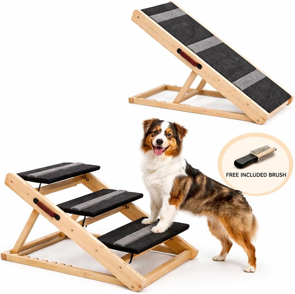3 Steps Wood Pet Stairs & Ramp for Small and Medium Dogs and Cats, Portable Ramp Pets 2-in-1 Foldable, Non-Slip Pet Ladder for Tall Beds, Sofa, Cars, Holds Up to 220 lbs (3 Steps)