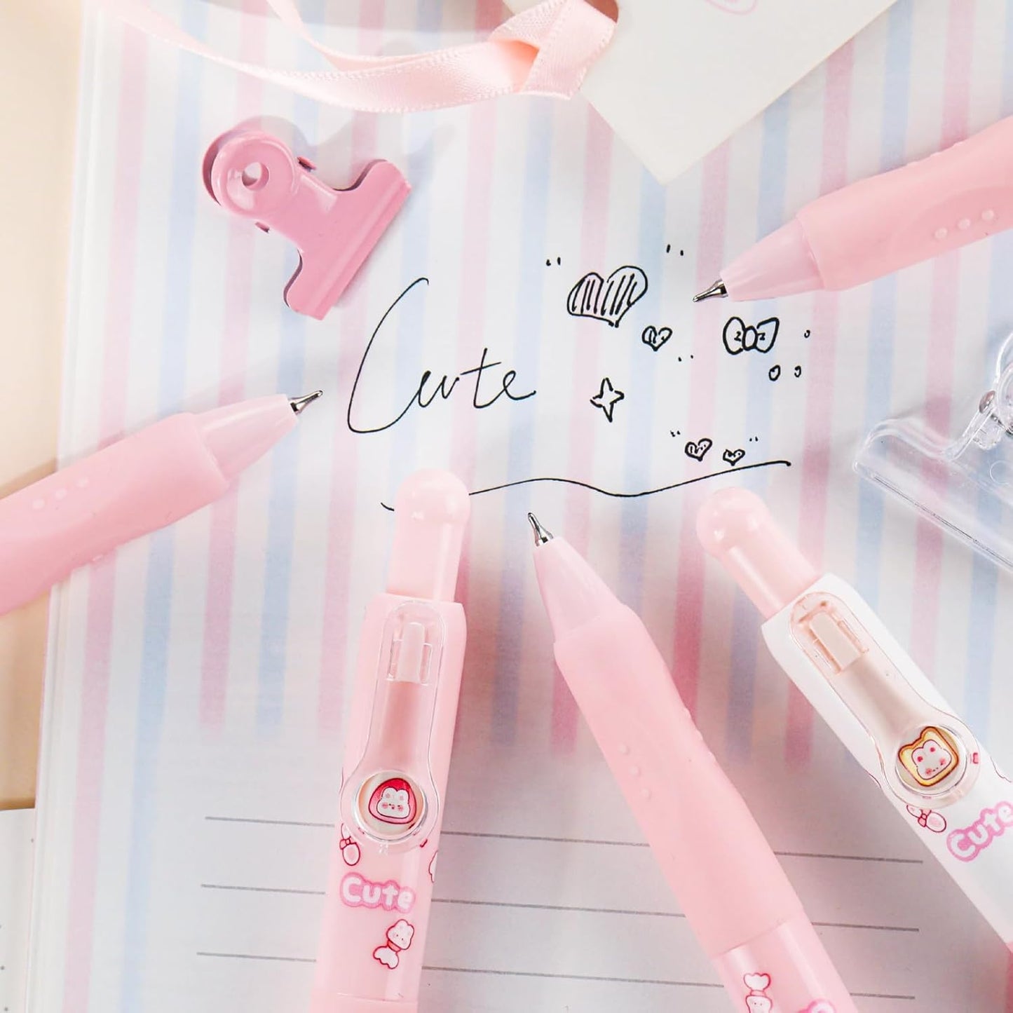Cute Pink Bunny Mini Gel Pens, Kawaii Rabbit Short Small Pocket Pens, Retractable Click Changeable Images, Tiny Pens Black Ink for Women, Wallet, Notebook, Set of 8PCS, Bunny