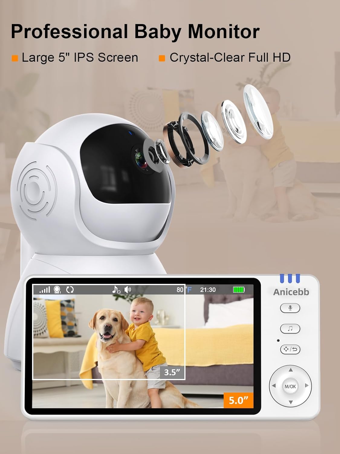 Video Baby Monitor with Camera and Audio, No WiFi Hack-Proof Security, 5" LCD Remote Pan-Tilt-Zoom, 31H Long Battery Life, 1000ft Range, Night Vision, Temperature & Cry Alarms, 2-Way Talk
