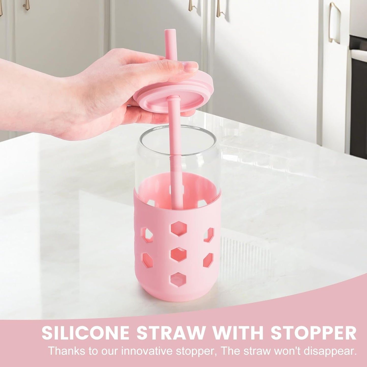 Glass Cups with Lids and Straws (4 Pcs), 16oz Drinking Glasses Set with Silicone Sleeves for Coffee Bar Accessories Iced Coffee Cups with Lids, Glass Tumbler Reusable for Gifts