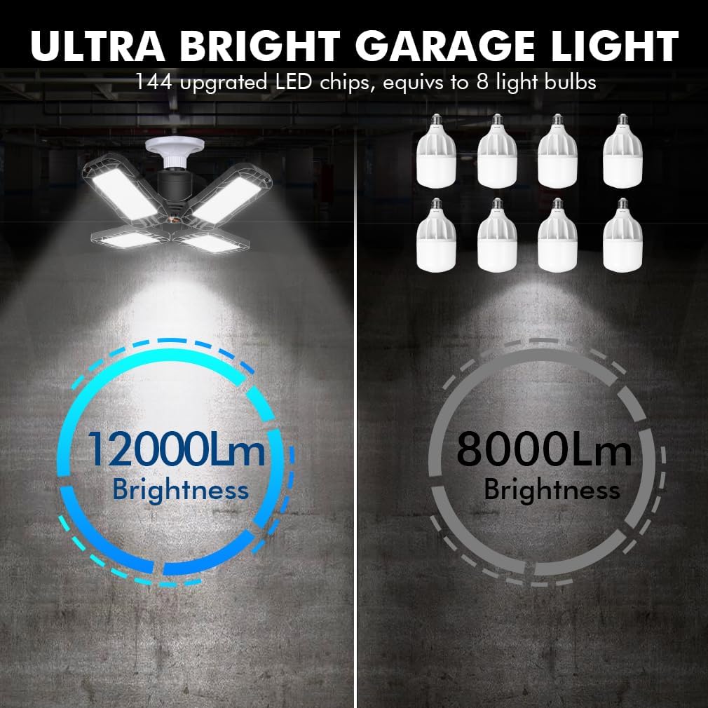 LED Garage Light 4 Pack, 120W Ultra Bright LED Shop Light with 4 Adjustable Panels, 12000LM E26/E27 Base Deformable Ceiling Fixtures for Garage, Workshop, Attic, Basement, Barn (Black-4 Pack)
