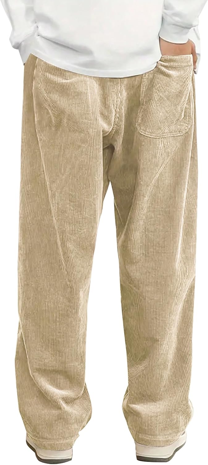 Mens Corduroy Casual Pants Fashion Loose Fit Wide Leg Pants Straight Sweatpants Elastic Waist Drawstring