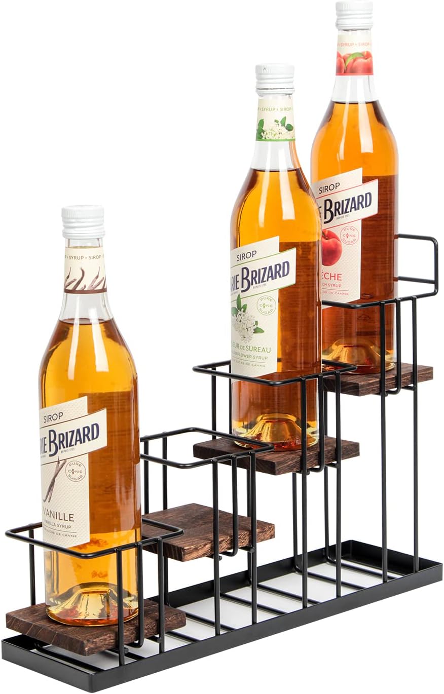 Coffee Syrup Organizer Rack, Rustic Wood and Metal Wire, 4-Tier Display Holder Coffee Station Bar Accessory for Syrup, Wine, Dressing Bottle Countertop Display Storage Stand for Kitchen - MK816A