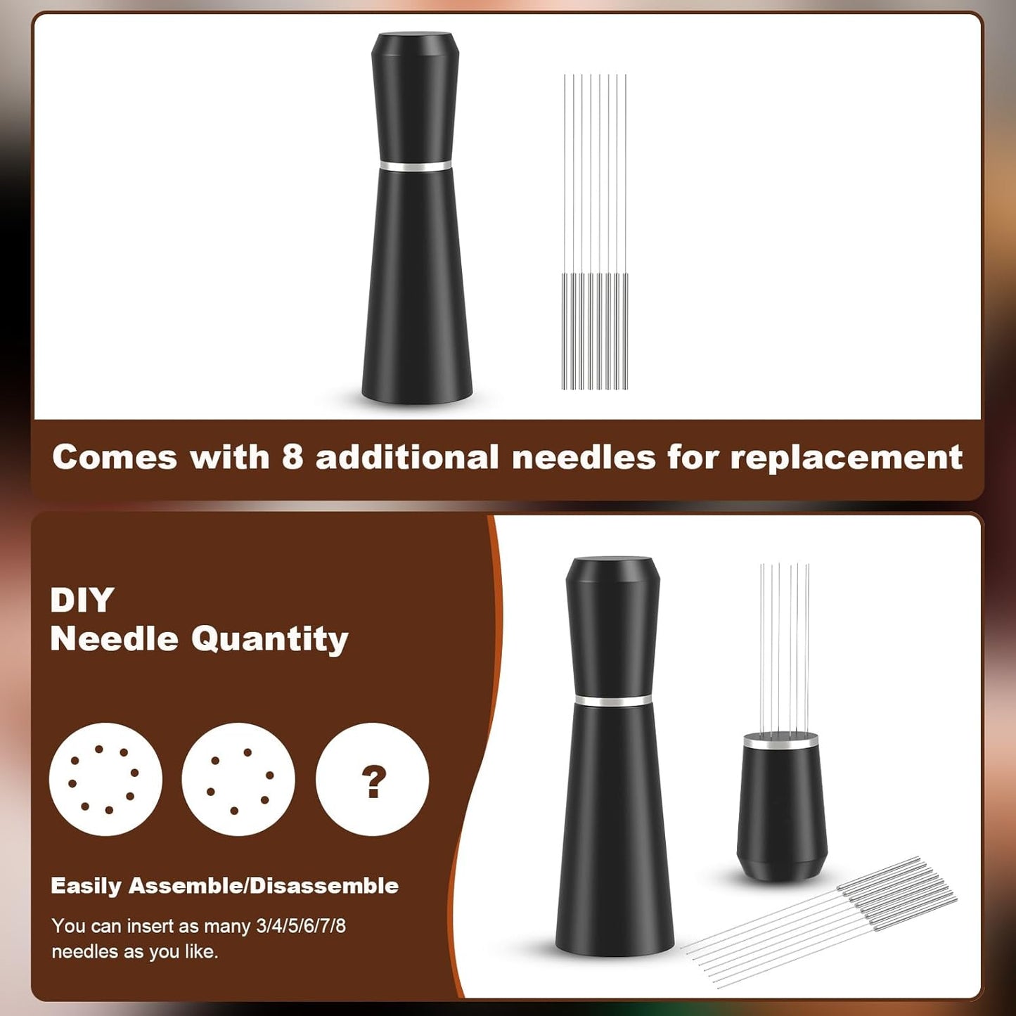 WDT Espresso Distribution Tool,Espresso Whisk with 8 Extra 0.35mm 304 Stainless Steel Needles，Espresso Comb Tool for Barista Black Coffee Ground Stirrer