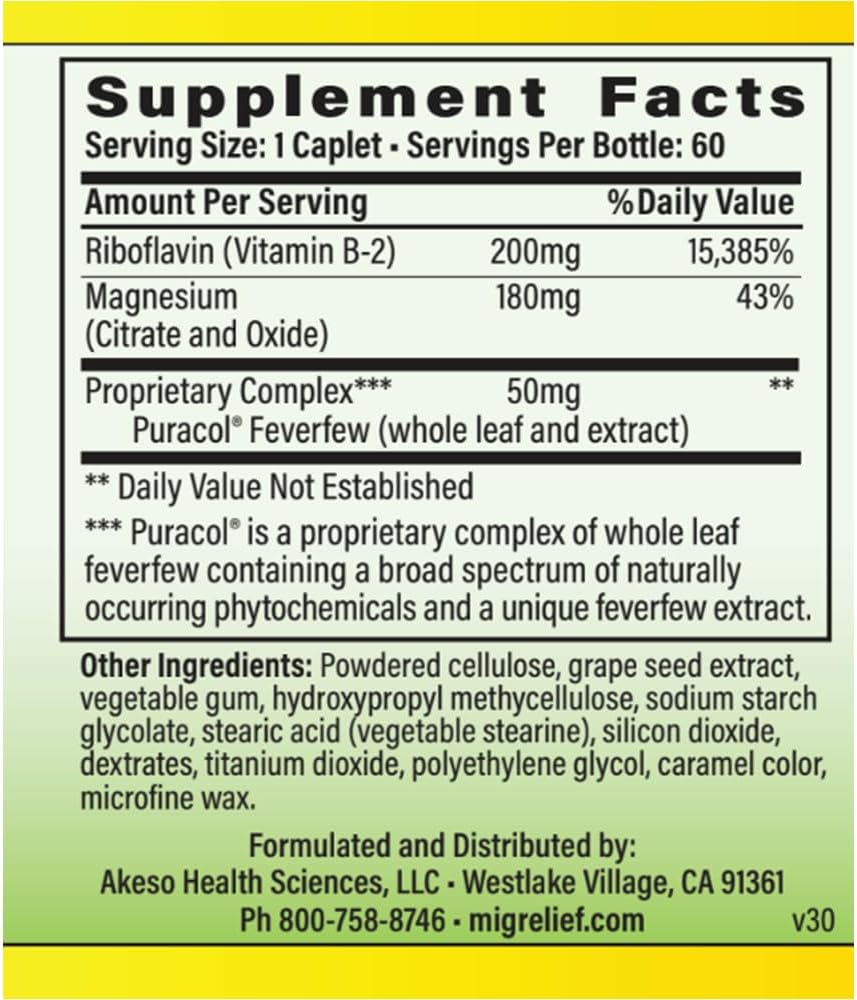 MigreLief Original Triple Therapy with Puracol - Nutritional Support for Migraine Sufferers - 60 Caplets/1 Month Supply