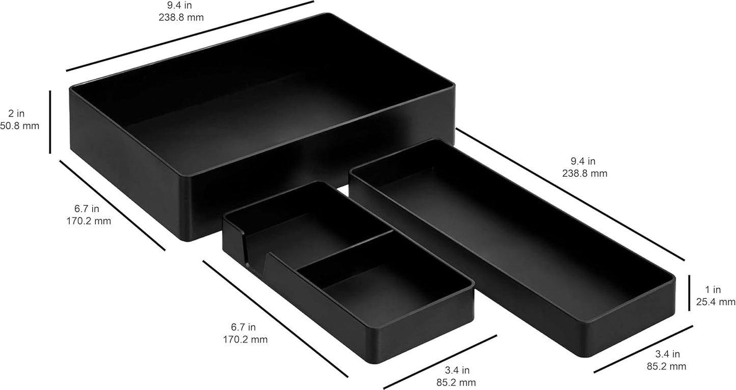 Amazon Basics Rectangular Plastic Desk Organizer Bundle, 3 Pieces with Half Accessory Tray, Small, Black