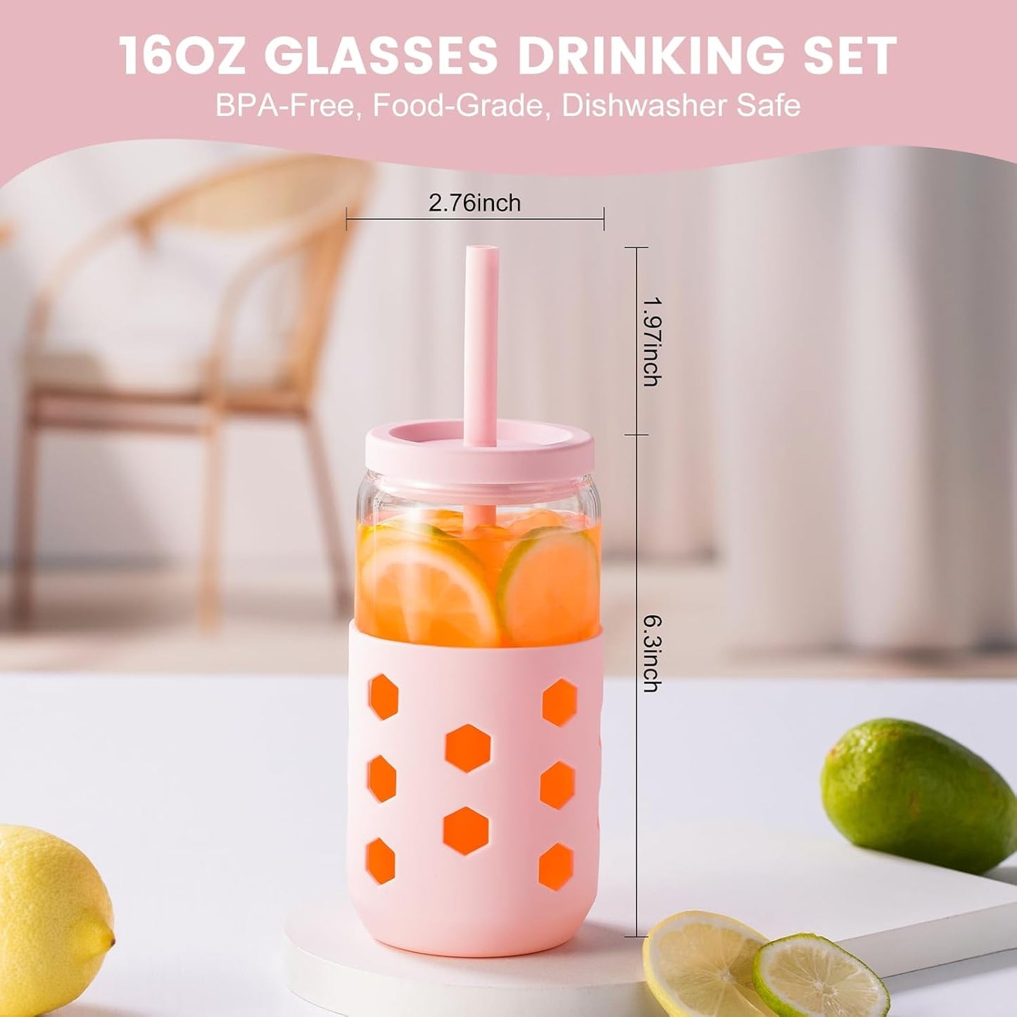 Glass Cups with Lids and Straws (4 Pcs), 16oz Drinking Glasses Set with Silicone Sleeves for Coffee Bar Accessories Iced Coffee Cups with Lids, Glass Tumbler Reusable for Gifts